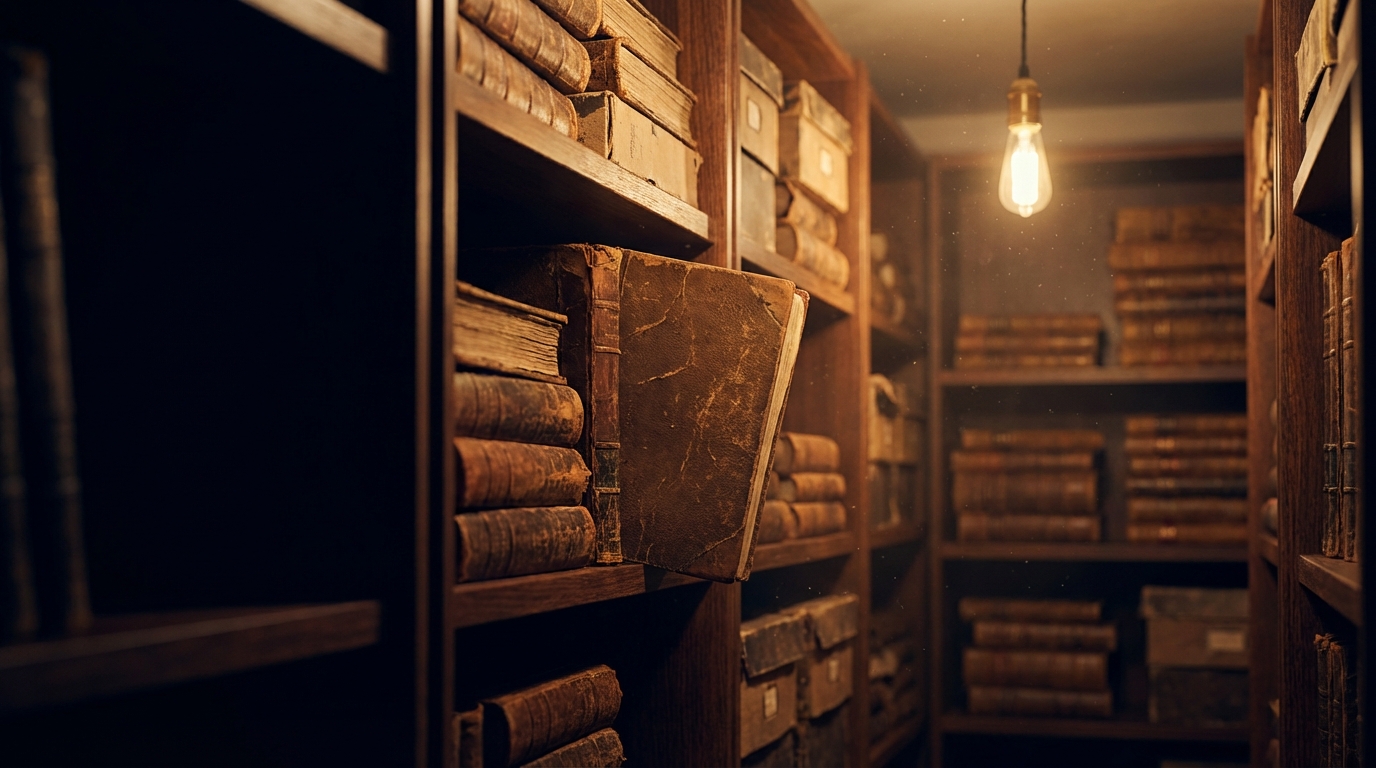Aged leather-bound ledgers in a dimly lit archive, one pulled forward as if just reached for
