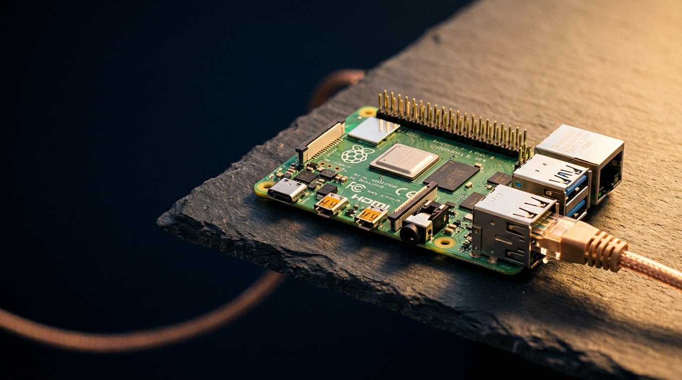 A Raspberry Pi 4B on dark slate, gold sidelight catching the GPIO pins and ports